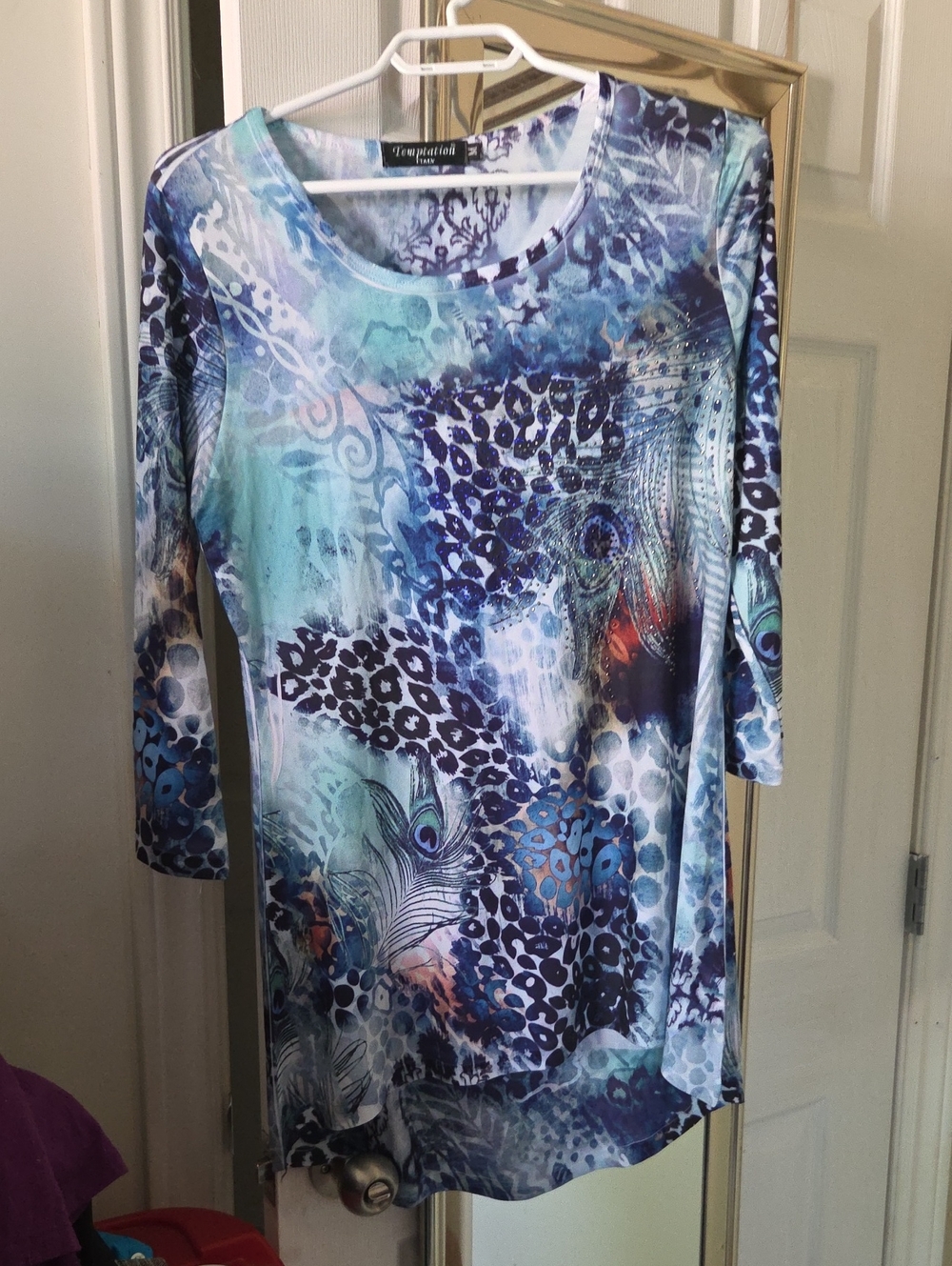 Temptations Aqua and Navy Peacock-Print Long Sleeve Tunic